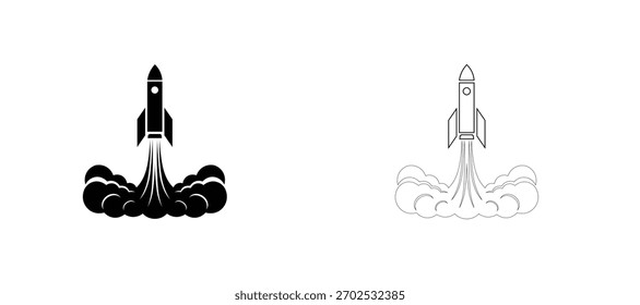 Launching rocket symbols with smoke effect, solid and outline.