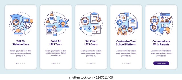 Launching school LMS onboarding mobile app screen. Walkthrough 5 steps editable graphic instructions with linear concepts. UI, UX, GUI template. Myriad Pro-Bold, Regular fonts used