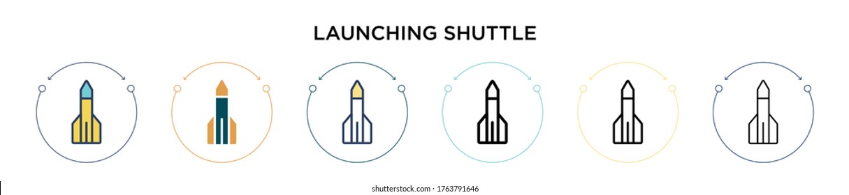 Launching shuttle icon in filled, thin line, outline and stroke style. Vector illustration of two colored and black launching shuttle vector icons designs can be used for mobile, ui, web