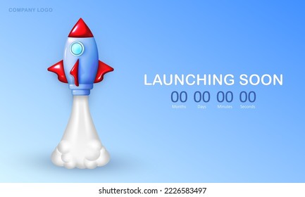 Launching soon banner with 3d cartoon rocket and countdown. Realistic cute spaceship with smoke from turbines flying into space. Web page template for business startup, advertisement, company project