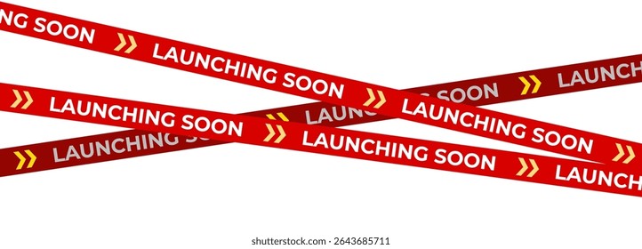 Lançamento Soon Red Banner Tape Stripe para abertura de lojas, lançamento de vendas, aviso de varejo, anúncio de lojas, teaser de campanha, chegada de produtos, layout de marketing. Autorização promocional do produto. Ilustração de vetor.