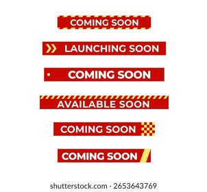 Launching Soon red banner tape collection with arrow and dot accents for new product launch, shop opening, sale campaign, retail alert, announcement message, store promo. Vector illustration set.