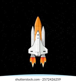 Launching a space rocket into outer space. Vector drawing.