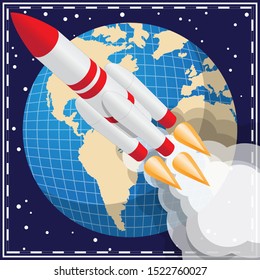 Launching a spacecraft against the background of the earth. Vector illustration. Isometric.