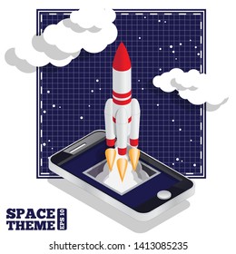 Launching a spacecraft from mobile phone. Vector illustration. Isolated on white background.