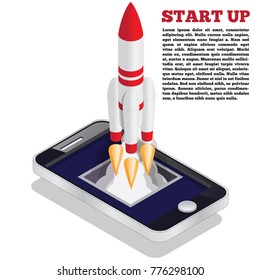 Launching a spacecraft from mobile phone. Vector illustration. Isometric.