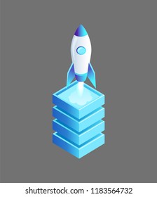 Launching spaceship flying rocket vector isolated isometric icon 3d. Cylindrical launcher ship with window standing on base pedestal ready to fly