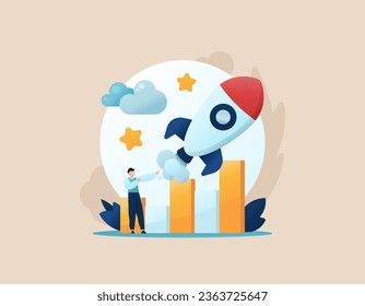 launching a startup business. company performance continues to increase. increasing or boosting business. company growth. businessman with rocket. illustration design concept. vector elements