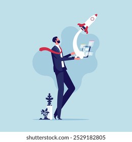 Launching a startup business. Illustration of a man holding a laptop with a rocket launching. launching a new project or idea