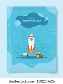 launching startup concept people around rocket fly takeoff chart board wallet coin for template of banners, flyer, books cover, magazines with liquid shape style