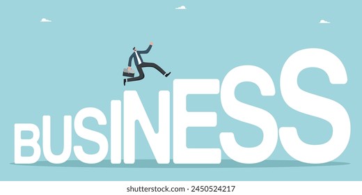 Launching startup or new business project, introducing business strategies to generate additional profits, path to top of business success, promotion up career ladder, man running up with business.