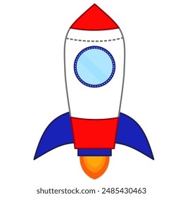 Launching or upswing spaceship rocket and fire.Modern.Creative idea.Sign, symbol, icon or logo isolated.Science, Startup business, Space.Graphic.Flat design.Cartoon vector illustration.