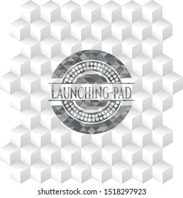 Launching-pad grey badge with geometric cube white background