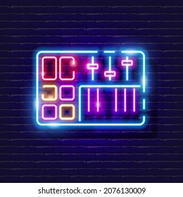 Launchpad neon icon. Music glowing sign. Music concept. Vector illustration for Sound recording studio design, advertising, signboards, vocal studio.