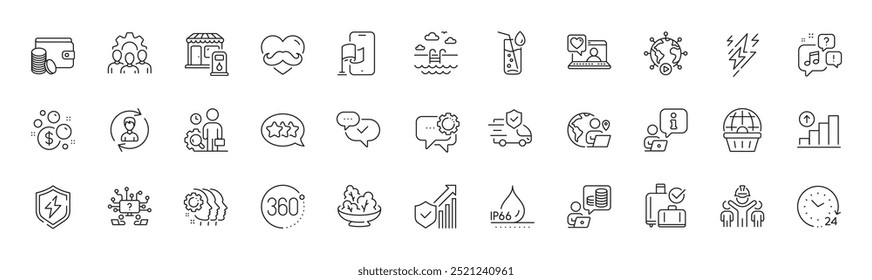Dinheiro de lavagem, Raio e ícones de linha impermeável. Pacote de gráfico gráfico, bate-papo de amigos, ícone de pergunta de trabalho em equipe. 24 horas, 360 graus, pictograma de piscina. Estação de enchimento. Ícones de linha. Vetor