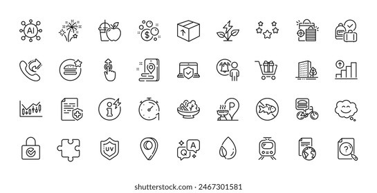 Launder money, Share call and Food delivery line icons pack. AI, Question and Answer, Map pin icons. Laptop insurance, Package, Password encryption web icon. Vector