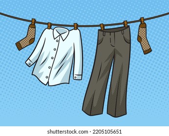 Laundered washed clothes dry on rope pinup pop art retro vector illustration. Comic book style imitation.