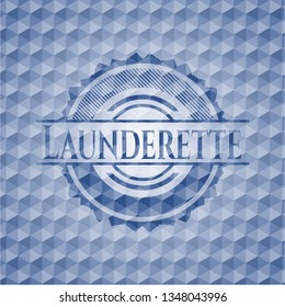 Launderette blue badge with geometric pattern.