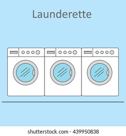 Launderette . Image of three washing machines on a blue background. Vector illustration.