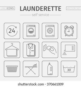 Launderette signs. Self-service laundry. Vector line icons.