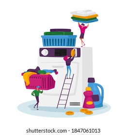 Launderette Wash Service Concept. Tiny Male and Female Characters Visiting Public Laundry Put Coin and Loading Dirty Clothes to Huge Washing Machine, People Clean Dress. Cartoon Vector Illustration
