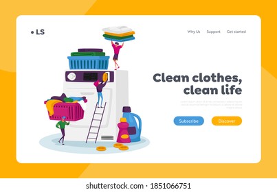 Launderette Wash Service Landing Page Template. Tiny Characters Visiting Public Laundry Put Coin and Loading Dirty Clothes to Huge Washing Machine, People Clean Dress. Cartoon Vector Illustration