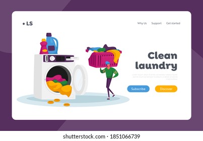 Launderette Washing Service Landing Page Template. Male Character in Public Laundry Put Coin, Take Clean Clothes to Basket, Loading Dirty Clothing to Laundromat Machine. Cartoon Vector Illustration