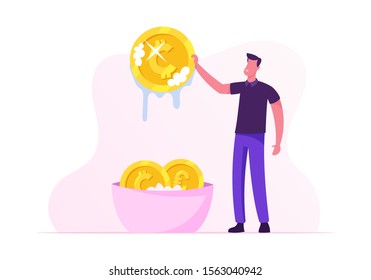 Laundering of Dirty Money Concept. Businessman or Manager Washing Golden Coins in Basin Full of Soap Foam. Dishonest Fraudulent Scheme of Financial Crime, Tax Evasion. Cartoon Flat Vector Illustration