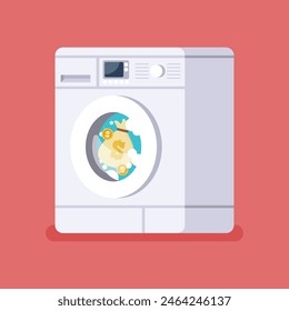 Laundering money by Washing machine. Business corruption concept. Vector illustration