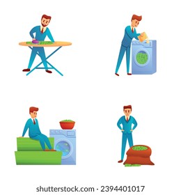 Laundering money icons set cartoon vector. Businessman washing and ironing money. Dirty money, corruption, fraud