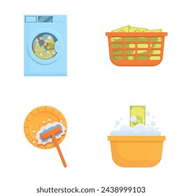 Laundering money icons set cartoon vector. Laundering of money in washer. Dirty money, corruption, fraud