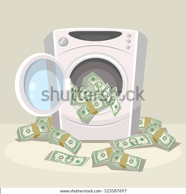 Laundering of money in washer. Vector flat\
cartoon\
illustration