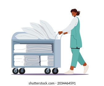 Laundrette Company Or Hotel Service. Female Character Employee Of Professional Maid Working Process Push Trolley With Clean Linen In Public Or Hotel Dry Cleaning Laundry. Cartoon Vector Illustration