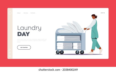 Laundrette Company or Hotel Service Landing Page Template. Female Character Employee Working Process Push Trolley with Clean Linen in Public or Hotel Dry Cleaning Laundry. Cartoon Vector Illustration