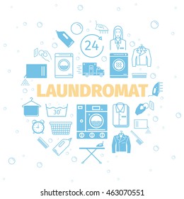 Laundromat Banner. Self-service Laundry. Dry Cleaning Services. Vector Icons.