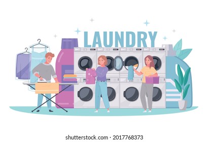 Laundromat cartoon vector illustration with people using laundry and iron service at washing machines background