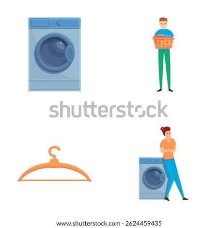 Laundromat icons set cartoon vector. People near washing machine in laundry room. Washing clothes