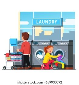 Laundromat self service. Man rolling wheeled laundry basket or cart & woman loading dirty clothes to washing machine in public launderette. Flat style vector illustration isolated on white background.