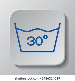 Wäsche, 30 Grad einfache Icon-Vektorgrafik. Flaches Design. Papierschnittdesign. Ausgeschnittenes blaues Symbol mit Schatten. Graues Abzeichen Button, grauer Hintergrund.ai