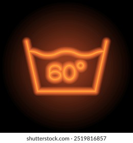 Laundry, 60 degrees simple icon vector. Flat design. Orange neon on black background.ai