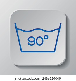 Laundry, 90 degrees simple icon vector. Flat design. Paper cut design. Cutted blue symbol with shadow. Gray badge button, gray background.ai