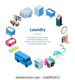 Laundry Banner Card Circle 3d Isometric View Include of Ironing, Clothing, Washing and Office. Vector illustration of Service Household