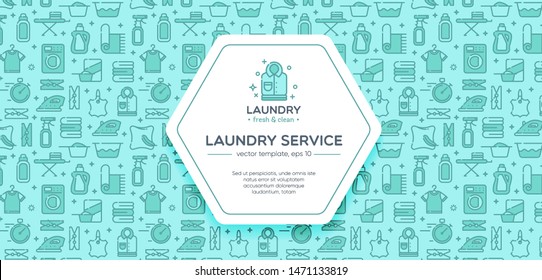 Laundry banner template with logo badge and outline pattern in square form. Card flyer poster illustration with your text for laundry, dry cleaning, housekeeping services. Home appliance. 