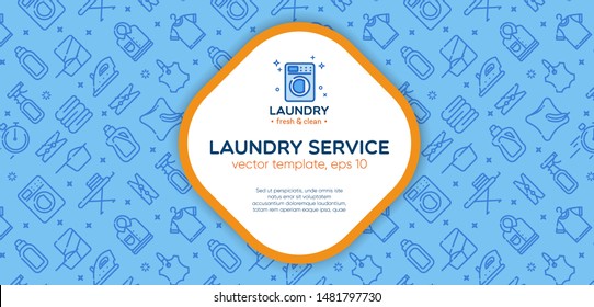 Laundry banner template with logo badge and outline pattern in square form. Card flyer poster illustration with your text for laundry, dry cleaning, housekeeping services.