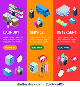 Laundry Banner Vecrtical Set 3d Isometric View Include of Ironing, Clothing, Washing and Office. Vector illustration of Service Household