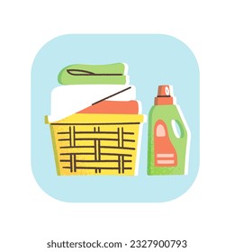 Laundry basket and bottle of detergent icon. Vector illustration of housework concept in flat hand drawn style.