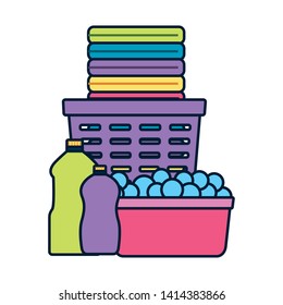 laundry basket bottles bubble spring cleaning tools vector illustration