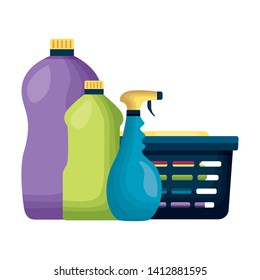 laundry basket bottles spring cleaning tools vector illustration