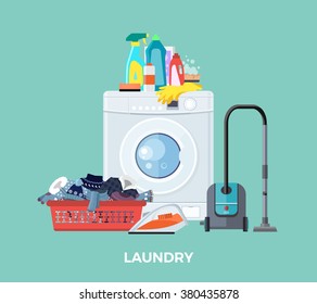 Laundry basket, clean cloth, washing machine, cleaner vacuum and detergents.