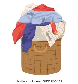 Laundry basket clothes. Wicker laundry basket filled with clothing flat vector illustration. Household storage isolated on white background